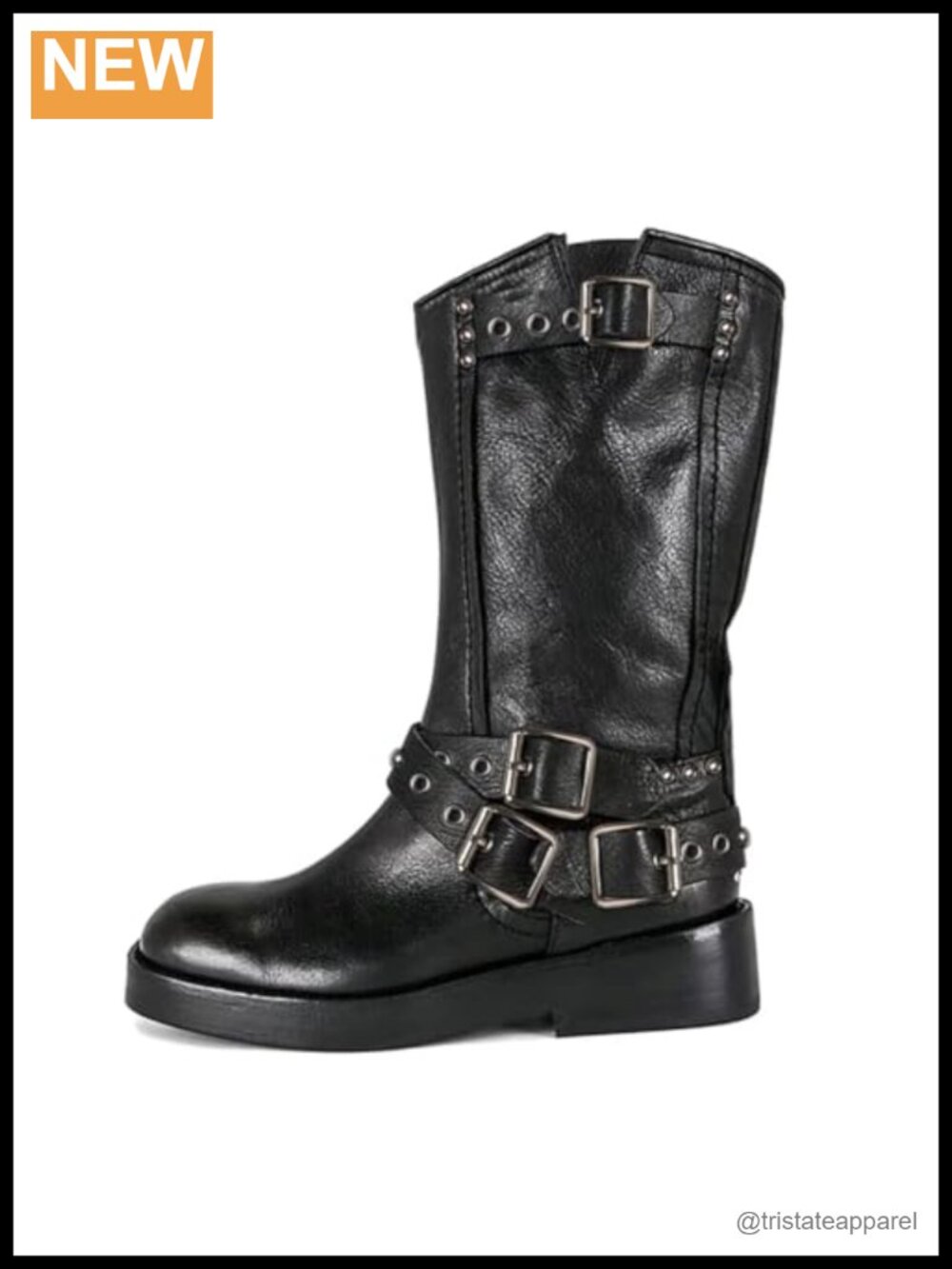 Women's Mid Calf Motorcycle Boots Chunky Low Heel PU Leather Riding Biker